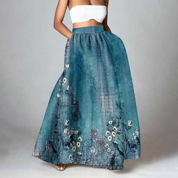 Womens Long Skirts Women Floral Print Skirt High Waist Party Beach Pocket Long Maxi Skirt Skirts for Women