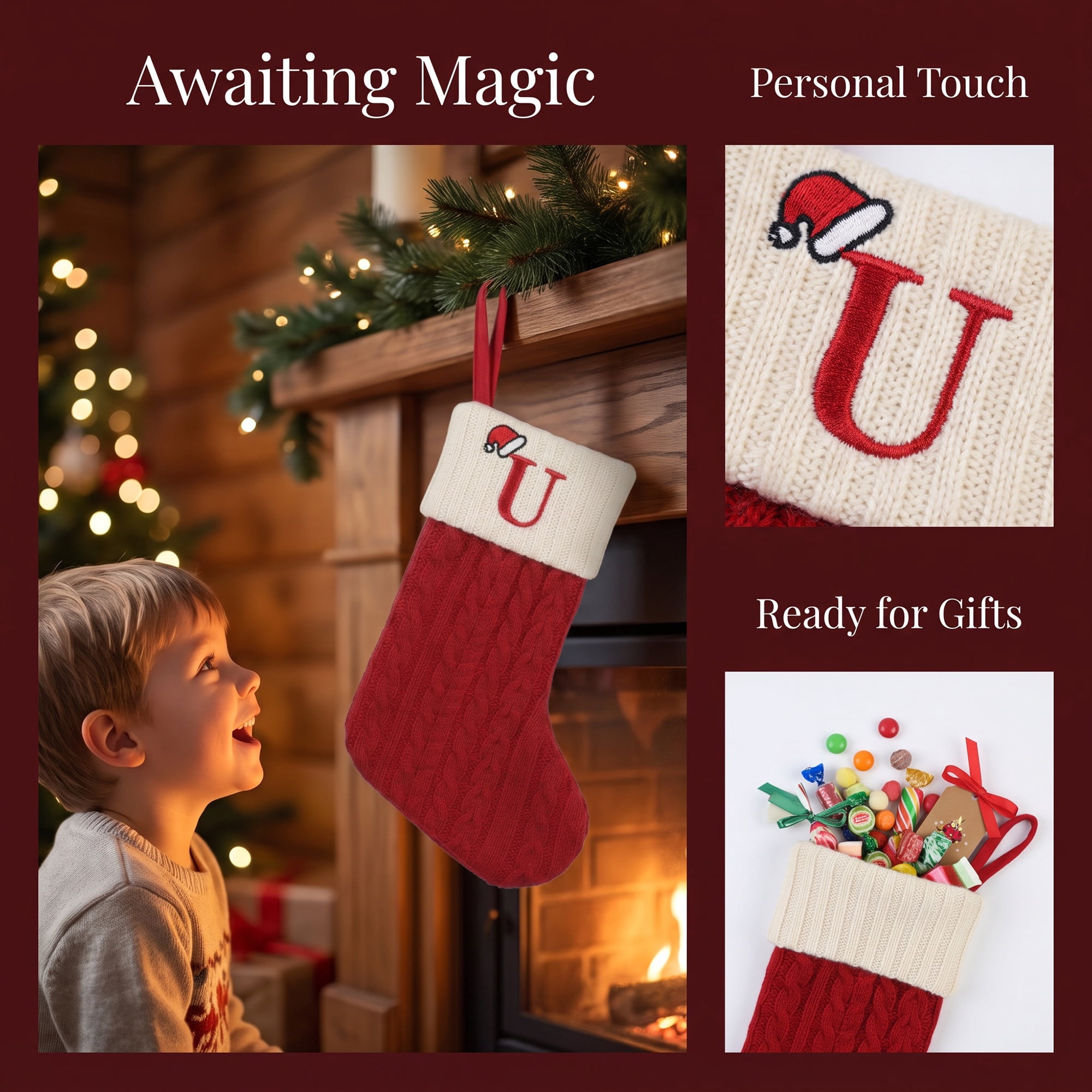 Unique Bargains Cartoon Christmas Luxury Grand Hearth Accent Stocking Letter U 8"