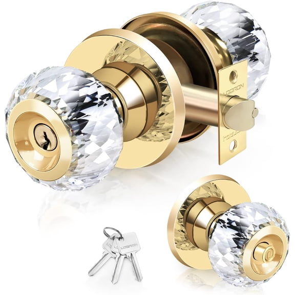 Crystal Door Knobs with Lock and Keys with Privacy Lock, Luxurious Diamond Classic Interior Glass Door Knobs for Bedroom Bathroom Gold,1 Pack