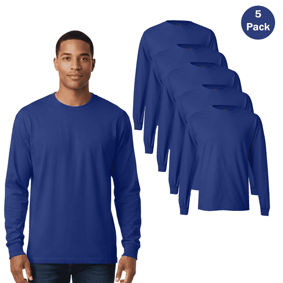 Hanes Men's Beefy-T Long Sleeve T-Shirt, Soft 100% Cotton Printable Tee, Deep Royal, 5-Pack, S