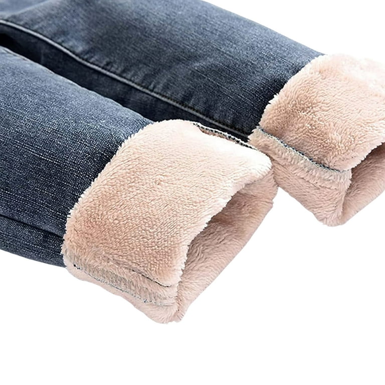 Women Fleece Lined Jeans Thermal Flannel Winter Warm Thicken Skinny Stretch  Denim Pants 
