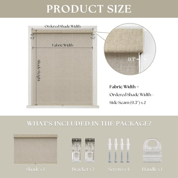 Beige Cordless Roller Shades Light Filtering Blinds for French Door Linen Textured Rolled Up Shades with Valance, Privacy Protection Narrow Window Shades Blinds for Bedroom Home Office 20" W x 72" H