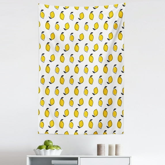 Yellow and White Tapestry, Doodle Style Lemons with Leaves and Dots Fresh Juicy Fruit Pattern, Fabric Wall Hanging Decor for Bedroom Living Room Dorm, 5 Sizes, Yellow Black White, by Ambesonne