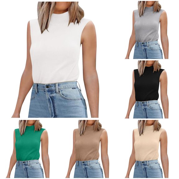 Women's 2024 Turtle Neck Sweater Vest Sleeveless Knit Pullover Tank Tops Casual Slim Fitted Shirts Silk Bodysuit M