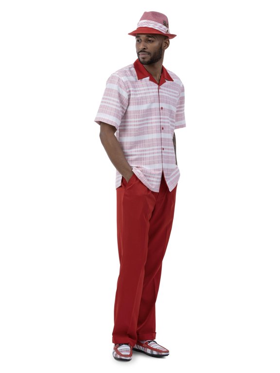 Men's 2 Piece Short Sleeve Walking Suit Striped Pattern in Red - 2037