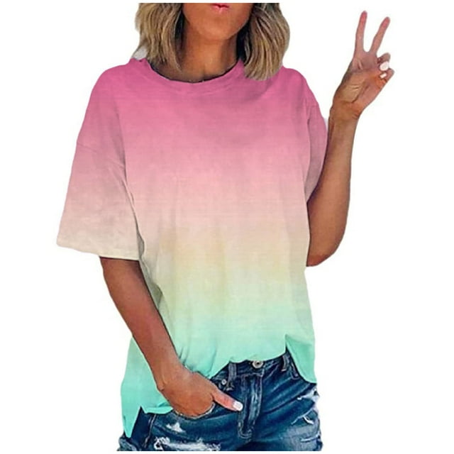 Besolor Tuniques d'Été pour Femmes Tendance 2025 Dégradé Col Rond Manches Courtes Chemises Décontractées Grande Taille Blouse T-Shirts