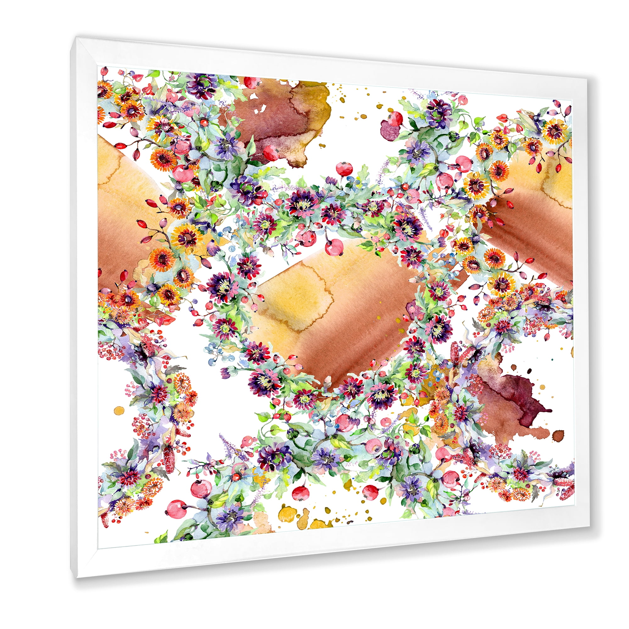 Vibrant Wild Spring Leaves, Berries and Wildflowers 16 in x 16 in Framed Painting Canvas Art Print, by Designart