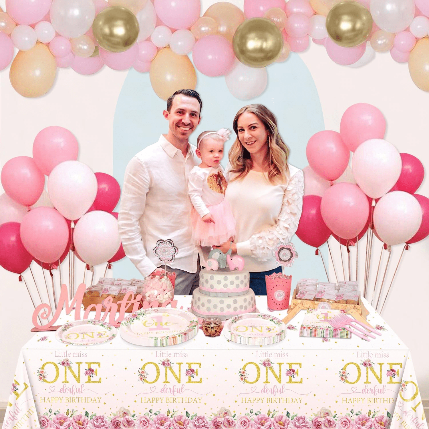 Miss Onederful 1st Birthday Party Supplies for 40 Guests - Disposable Tableware Set Includes Plates, Napkins, Forks, Tablecloths - Girls Baby First Birthday Party Decorations