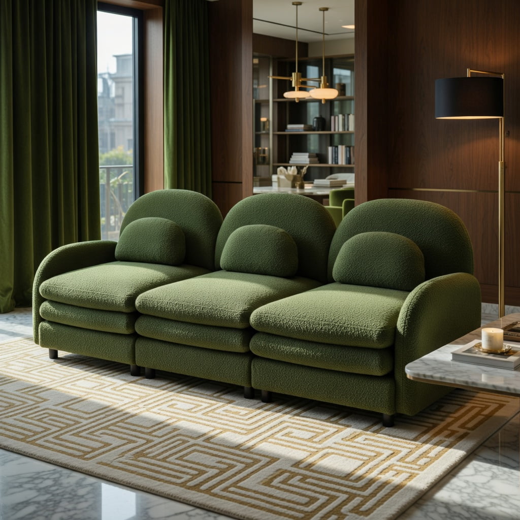 Hommoo Teddy Fleece Modular 3-Seat Sofa, Cloud-Like Comfort, Curved Backrest & Armrest, Double-Layer Cushioning, Lumbar Support Pillows, Green