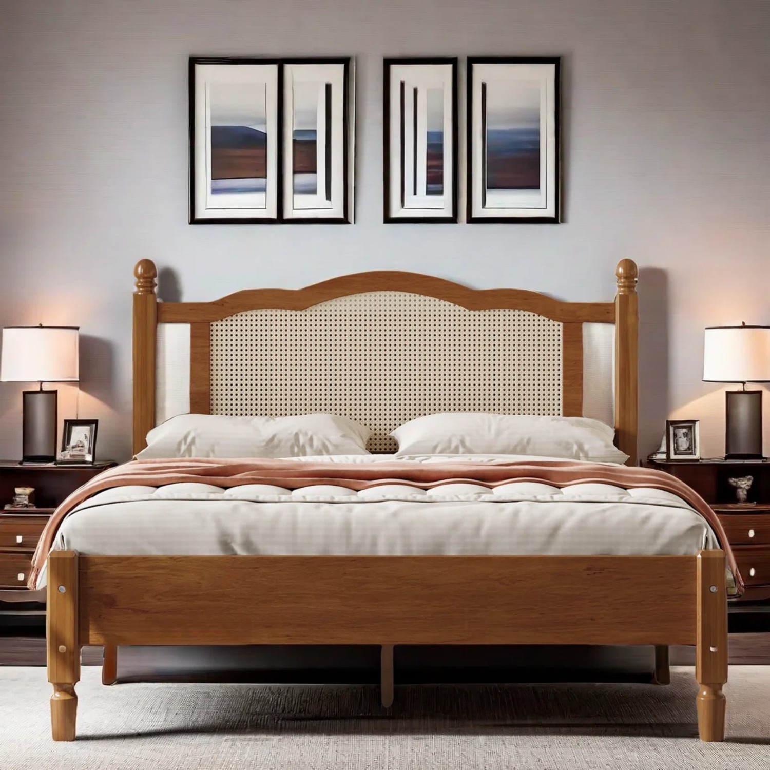 Aukfa Solid Wood Full Size Bed Frame with Natural Rattan Headboard, Walnut
