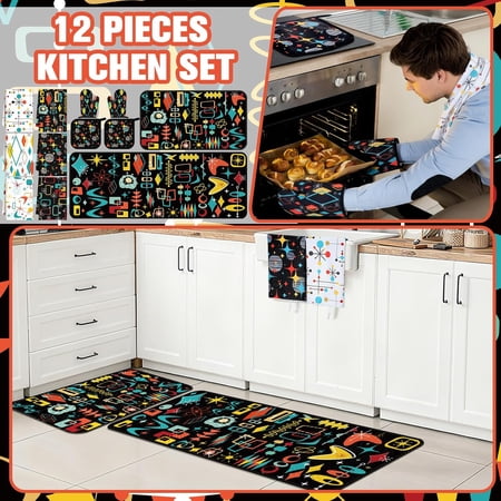GEREMF-12 Pcs Retro Kitchen Decor Mid Century Oven Mitts and Pot Holders Set Mid Century Kitchen Dish Towels Vintage Abstract Geometric Potholders Rugs Mats for Black White Baking Cooking BBQ Gift