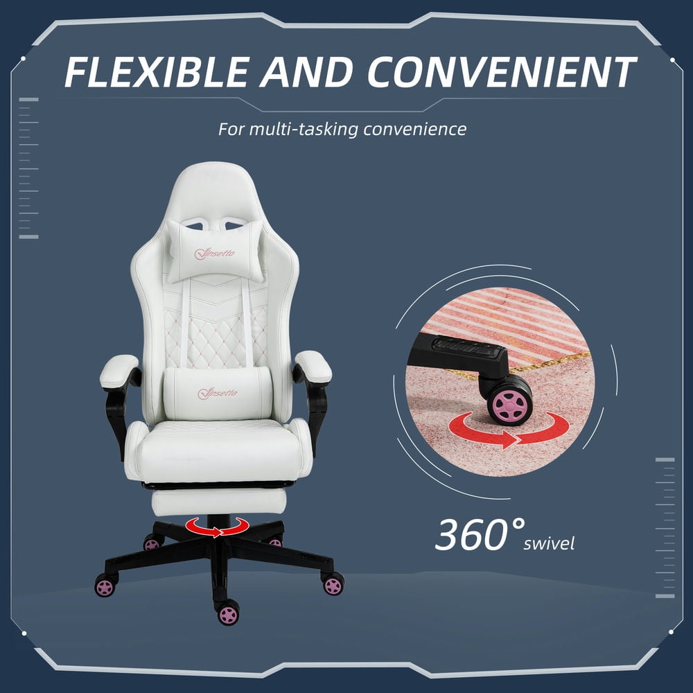 Demi Bonn PU Leather Gaming Chair with Retractable Foot Rest, Headrest, Lumbar Support and Armrest, Ergonomic Computer Chair for Home, White