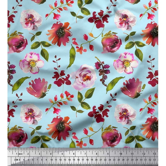 Soimoi Green Silk Fabric Leaves & Anemone Floral Decor Fabric Printed Yard 42 Inch Wide