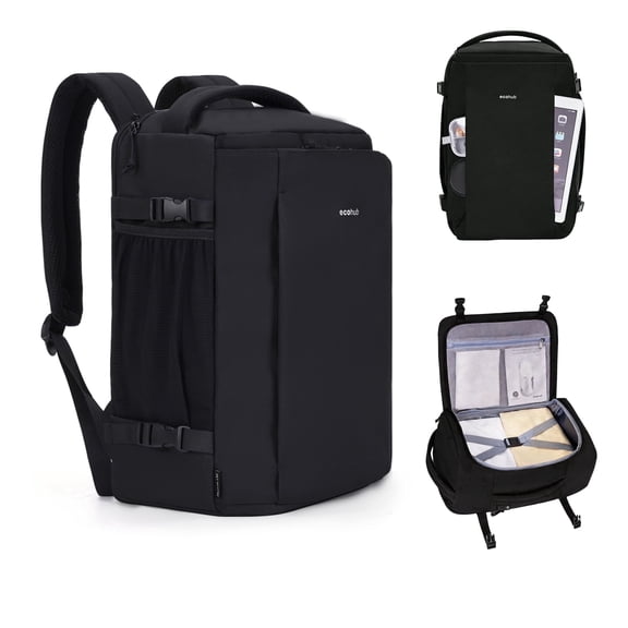 WANDF ECOHUB® Large Travel Backpack for Men Women,30L Carry On Personal Item Backpack 18x14x8 | 17.3” Laptop Backpack with USB Charging Port, Water Resistant Business Backpack(Black)
