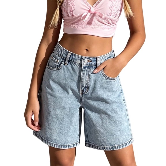 OYXSER Little Girls Jean Shorts Y2K Vintage High Waist Straight Leg Clothes Jorts Drawstring Shorty Shorts for Teen Girls, Light Blue 12-13Y