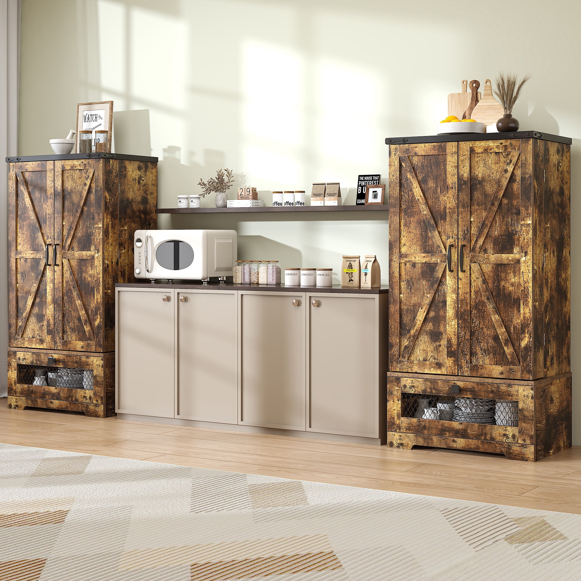 Casendy Kitchen Pantry Cabinets with Adjustable Shelves and Drawer, Farmhouse Kitchen Pantry Storage Cabinet with Doors, Buffet Cupboards Sideboard for Dining Room, Bathroom, Brown
