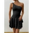 thumbnail image 3 of Women'S One Shoulder Smocked Shirred Tiered Ruffle Sleeveless A-Line Mini Dress Black XS, 3 of 5