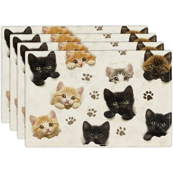 Cat Placemats Set of 4, Cute Black Cats Table Mats, Animal Washable Place Mats for Coffee Bar Home Party Indoor Kitchen Dining Table Decoration 12x18 Inch
