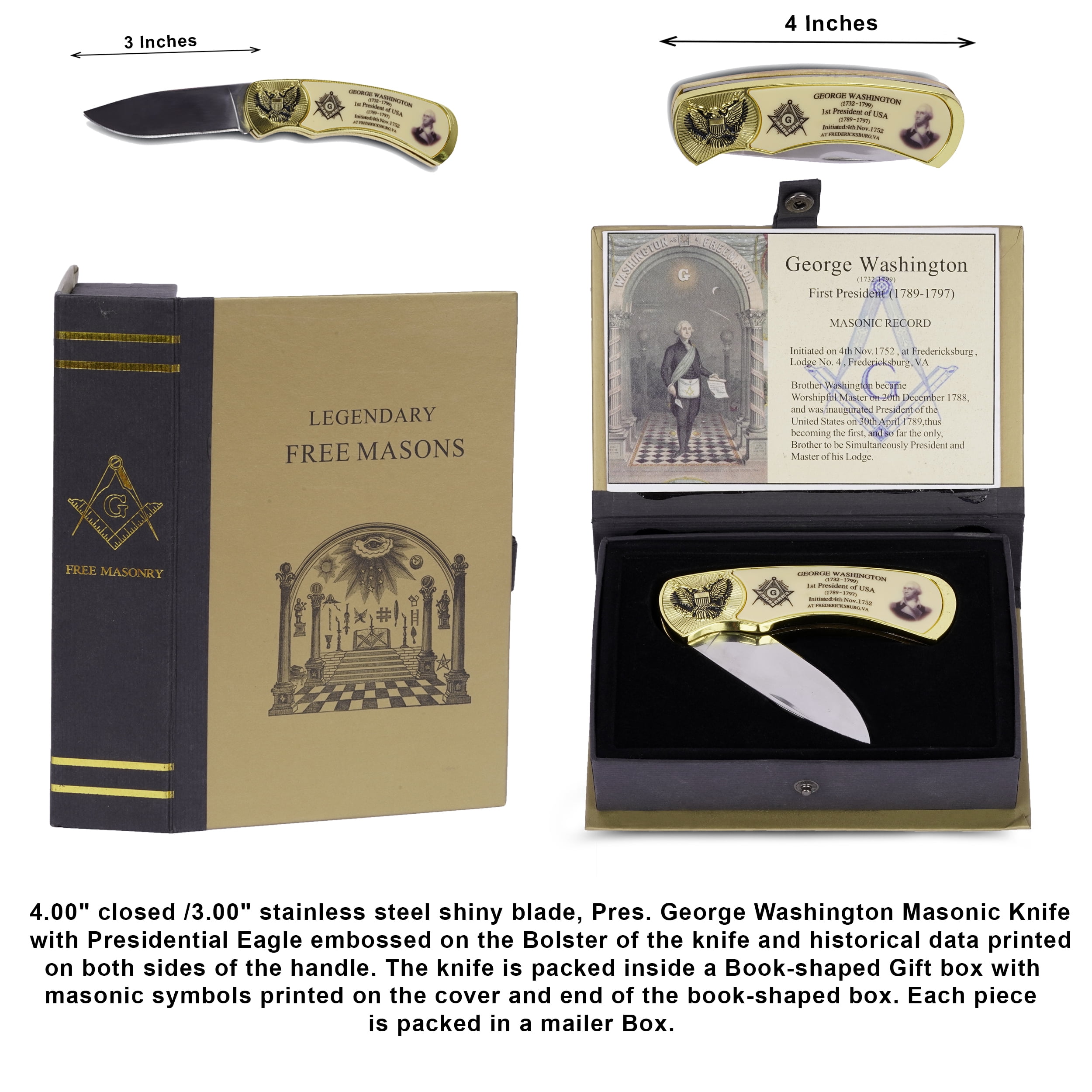 Trendy Zone 21 US President George Washington Legendary Freemason Masonic Knife with Presidential Eagle Embossed Masonic Symbols Masonic Folding Pocket Knife|3" Stainless Steel Blade