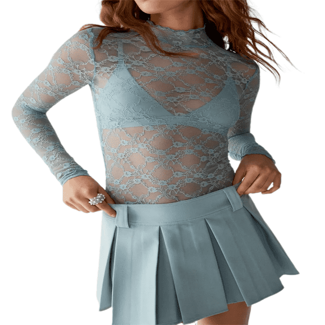Turtleneck Sheer Lace Basic Shirt Pullover for Women with Long Sleeves