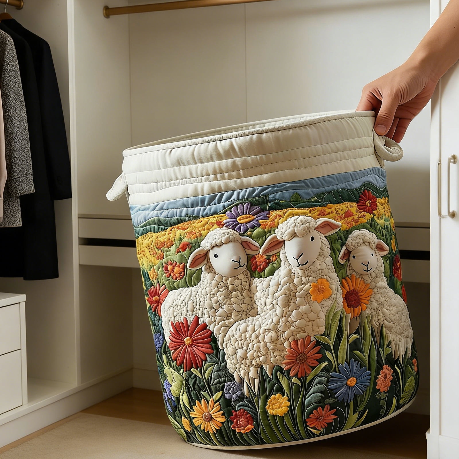 Yucurem Boho Fabric Floral Storage Hamper with Handle, Quilted Laundry Basket for Nursery Bedroom Laundry Room Clothes Toys (Little Lambs)