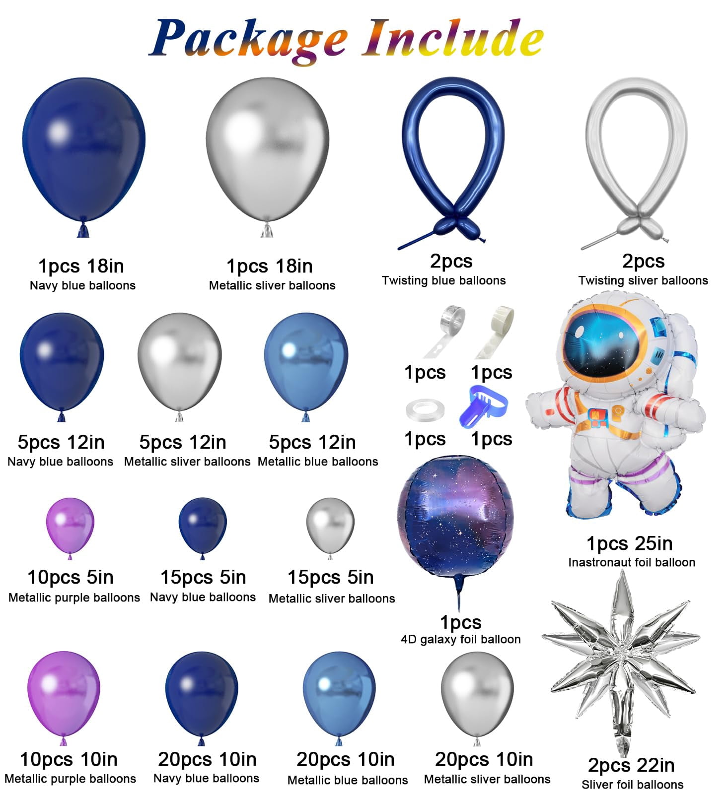 Amandir135pcs Space Balloon Garland Arch Kit KKS1&nbsp;Outer Space Birthday Decorations with Blue Purple Silver Galaxy Astronaut Foil Balloons for Boys Kids Themed Birthday Party Decoration Supplies