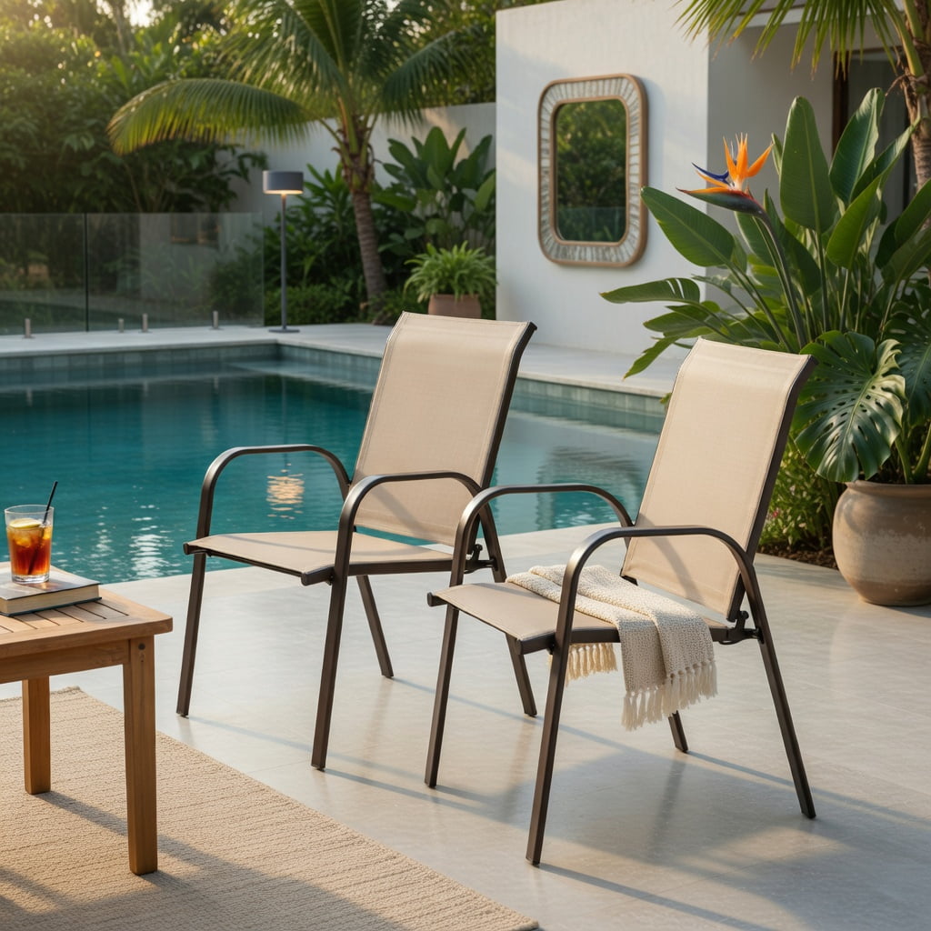 Hommoo 2-Pack Outdoor Patio Dining Chairs with Armrests, Heavy-Duty Steel Frame, Breathable Fabric, Stackable & Easy Assembly for Deck, Pool, Garden & Balcony, Beige