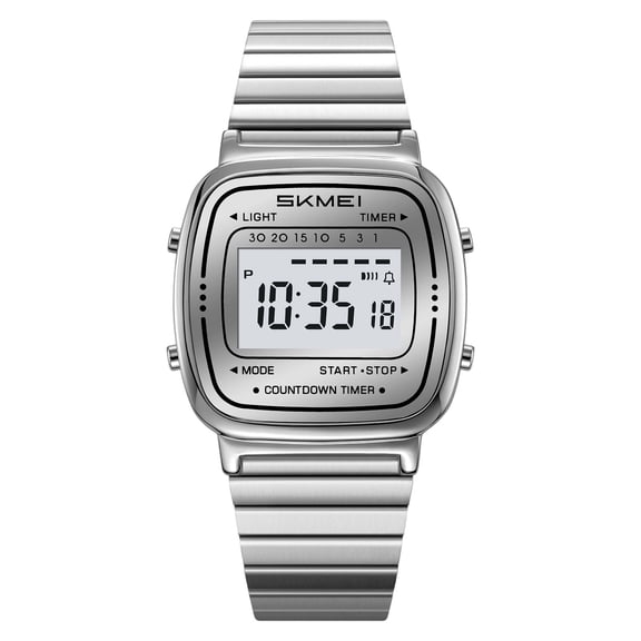 Retro Stainless Steel Digital Watch, unisex waterproof wristwatch with date alarm, durable metal band for daily casual wearing,,Silver