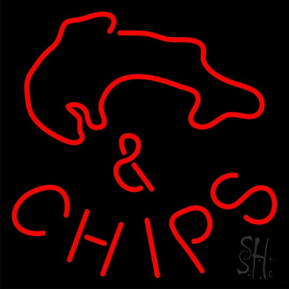 Fish and Chips Red LED Neon Sign 24 x 24 - inches, Black Square Cut Acrylic Backing, with Dimmer - Bright and Premium built indoor LED Neon Sign for restaurant window and interior decor.