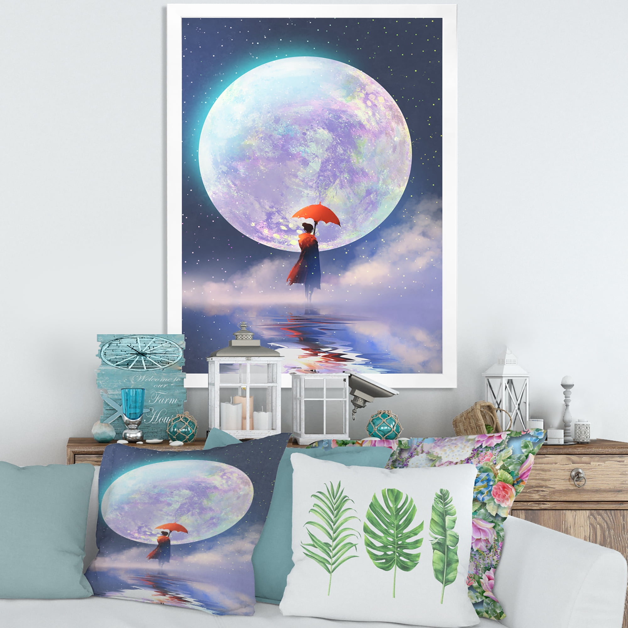 Designart 'Girl With Umbrella Standing On Water Against Moon' Traditional Framed Art Print