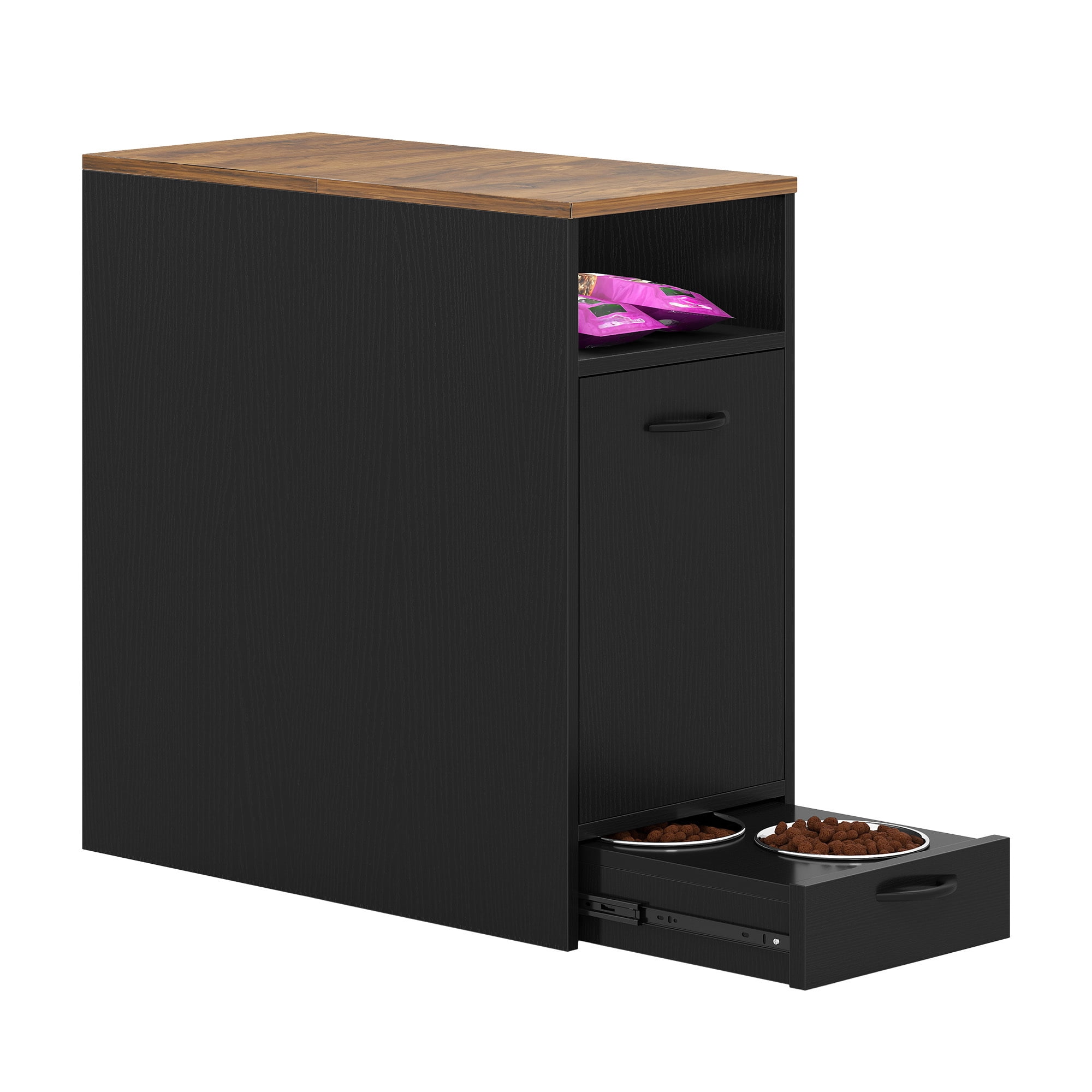 Uforic Modern Wooden Elevated Pull Out Pet Feeder with 2 Food Water Bowls and Storage Cabine, Black