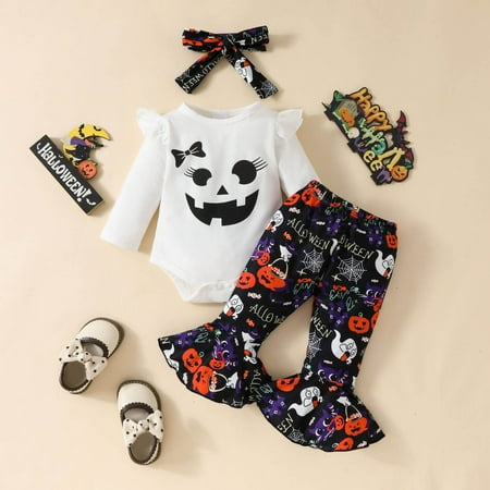 

Halloween Baby Clothes Size 9-12 Months Girls Long Sleeve Romper Bodysuit Cartoon Prints Bell Bottoms Pants Outfits