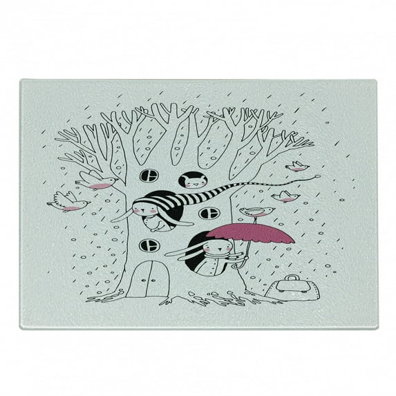 Magic Cutting Board, Minimalist Habitat Drawing with Rabbits Tree Hole Houses in Rainy Day Hollow Design, Decorative Tempered Glass Cutting and Serving Board, Small Size, White Pink, by Ambesonne