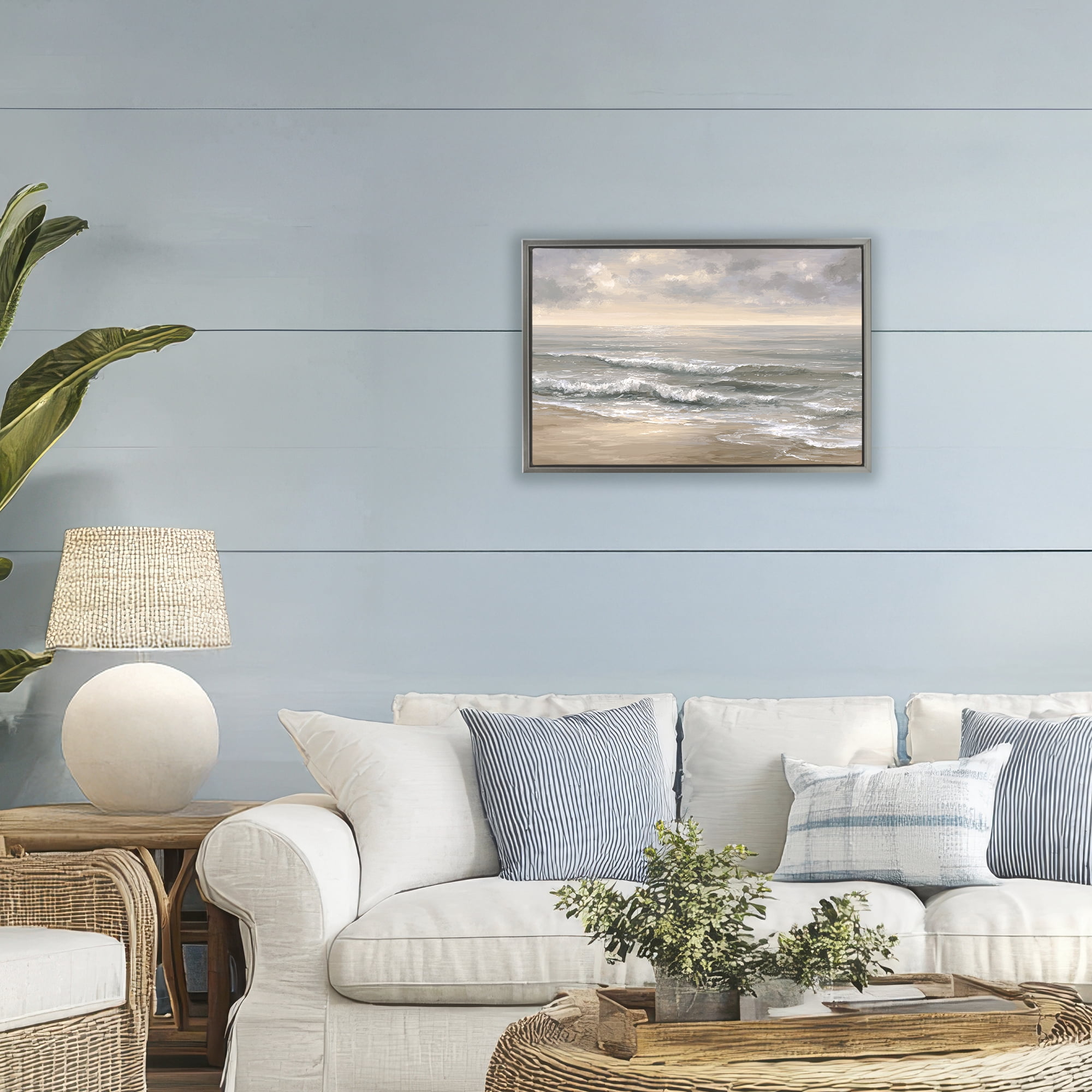 Stupell Industries Soft Rolling Beach Waves Gray Framed Floater Canvas Wall Art, design by Jacky Ngan