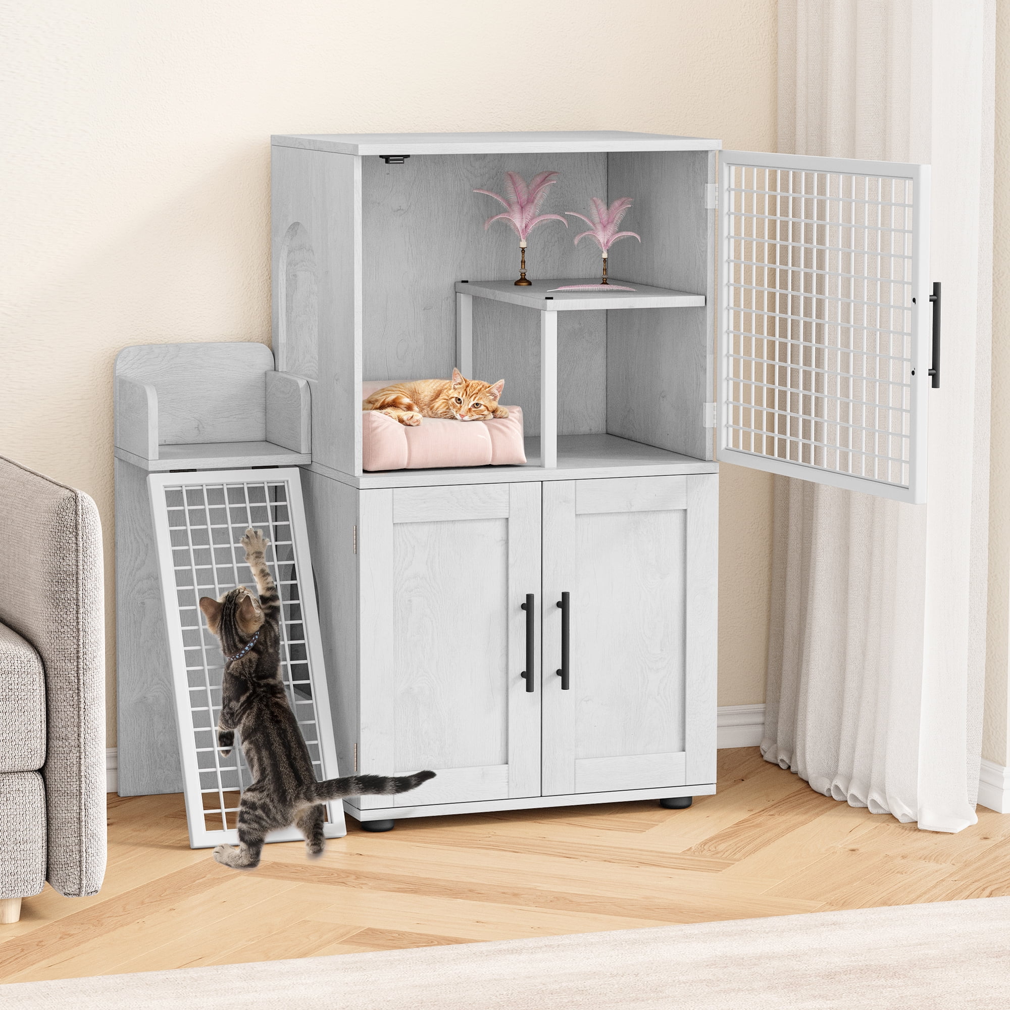 Litter Box Cabinet for Living Room - Hidden Enclosure with Spacious Interior, white