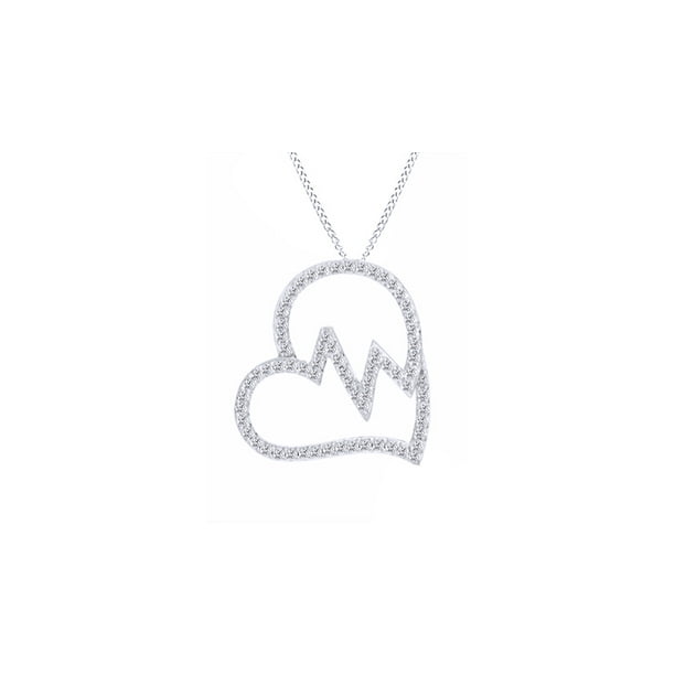 Natural Diamond Tilted Heart with Heartbeat Pendant Necklace 925