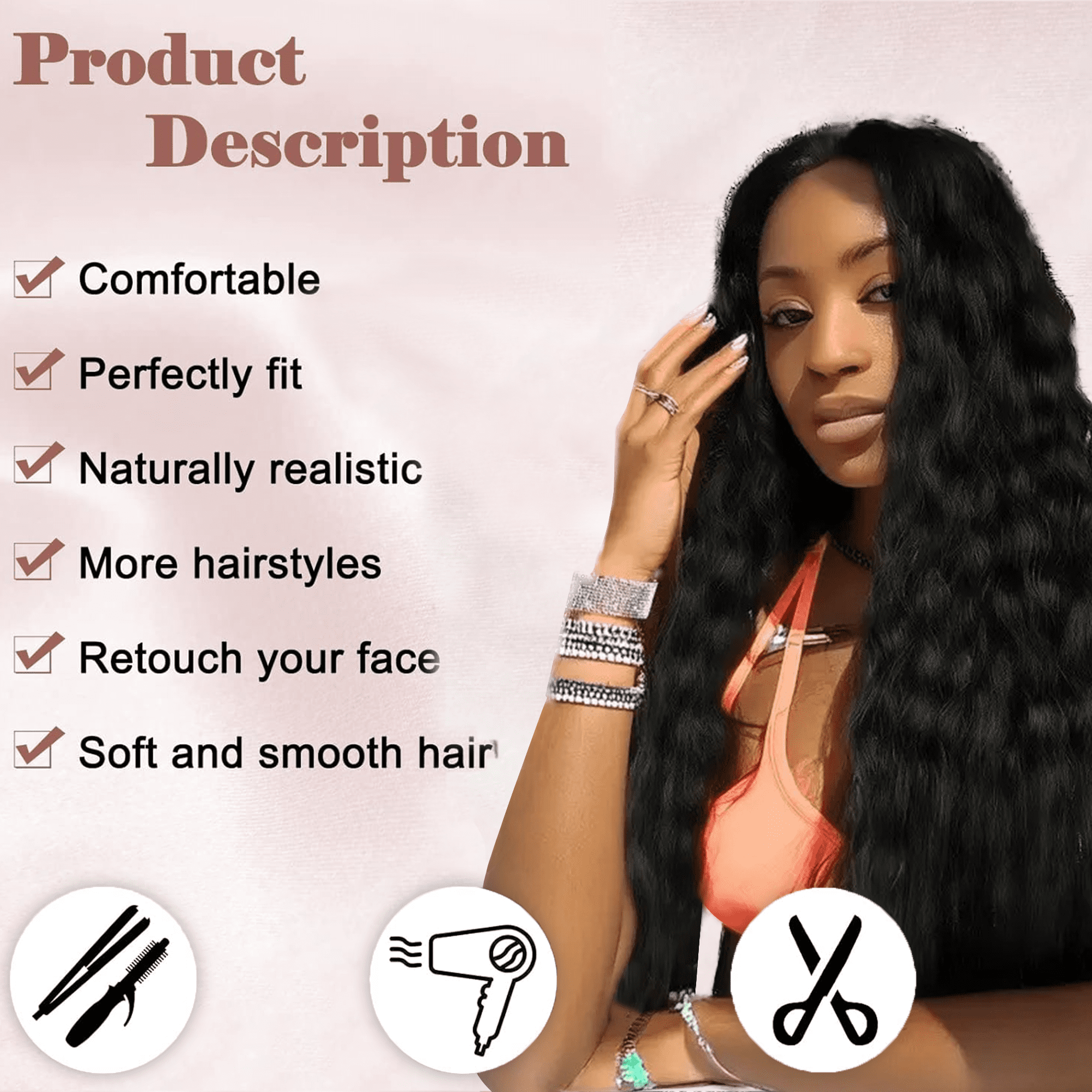 Morovan 26 Inch Long Deep Wave Black Wig for Women, Lace Front Synthetic Curly Wig, Heat Resistant Fiber, Natural Full Look