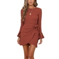 thumbnail image 4 of Vestido acampanado de manga larga con cinturón y lazo fibra de poliéster ajuste delgado cuello redondo vestido midi con volantes elegante ajustado con cremallera oculta ANGGREK  Otros, 4 of 6