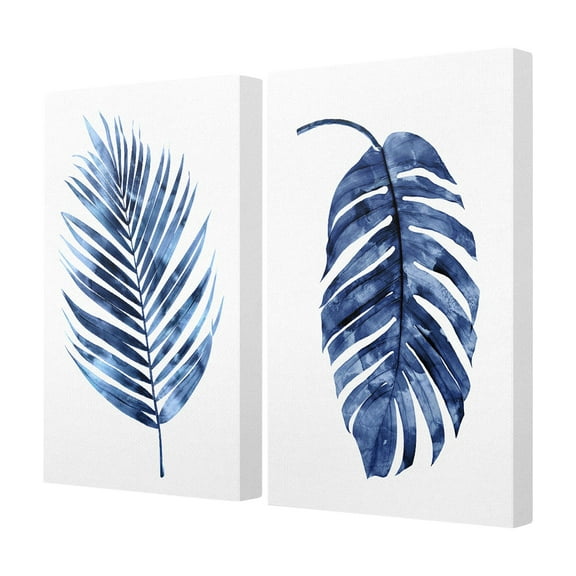 The Stupell Home Decor Collection Indigo Dark Blue Watercolor Palm Frond Plant Painting Duo 2pc Stretched Canvas Wall Art Set, 16 x 1.5 x 20