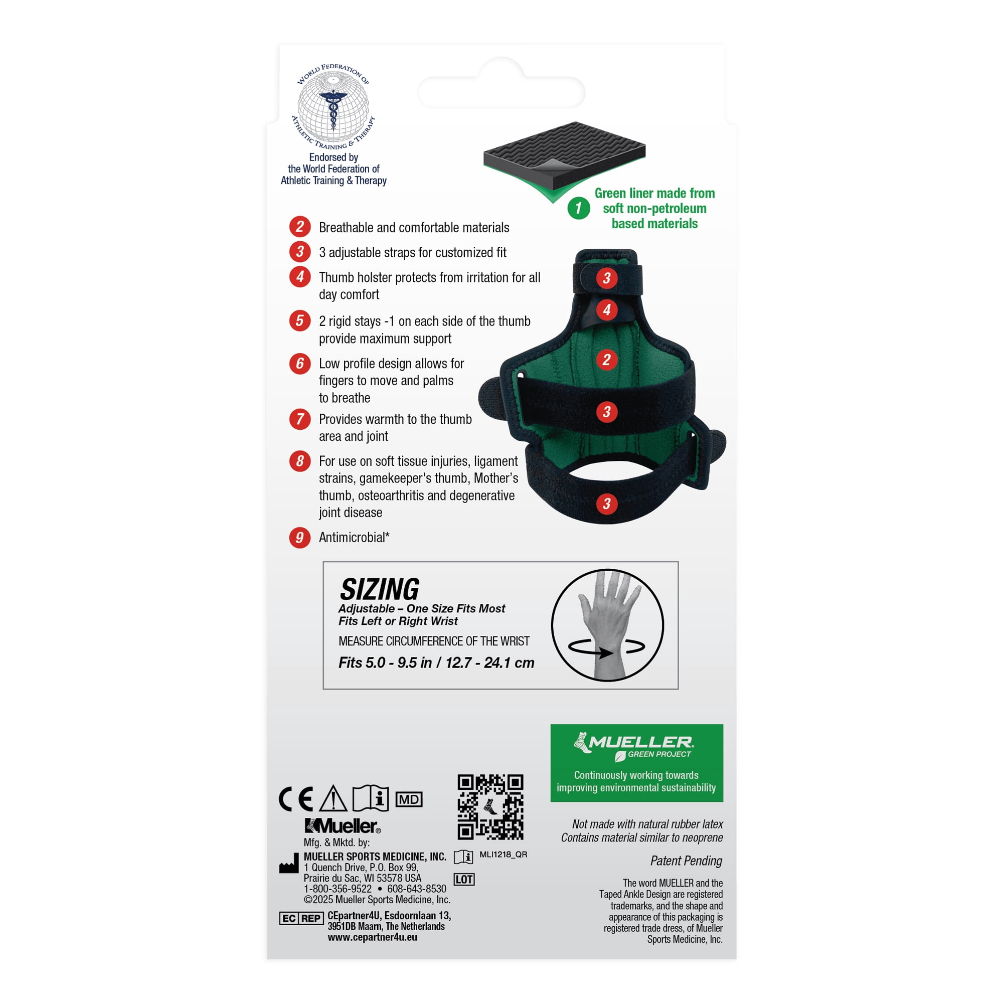 Mueller Sports Medicine Green Reversible Thumb Stabilizer, OSFM, Maximum Support, Sustainable, Black