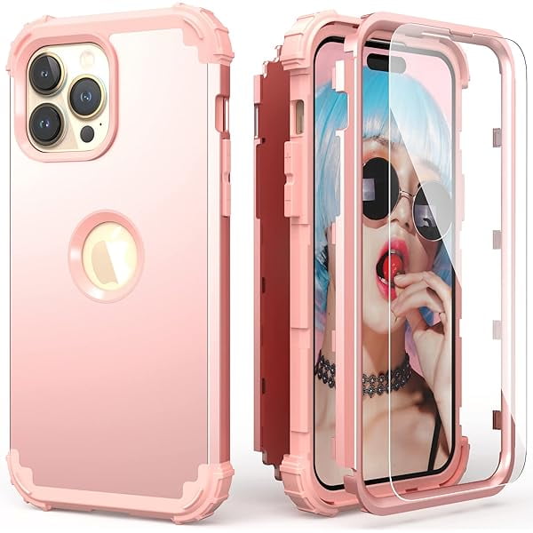 wonima11 IDweel for iPhone 15 Pro Max Case with Screen Protector for Women, 3 in 1 Shockproof Slim Fit Hybrid Heavy Duty Hard PC Cover Soft Silicone Bumper Full Body Case,Rose Gold