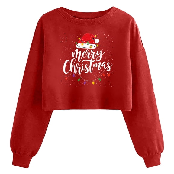 Qzwdhjm Womens Cropped Sweatshirts for Christmas Crewneck Xmas Santa Hat Graphic Sweatshirt Long Sleeve Thin Fleece Crop Pullover for Winter Holiday