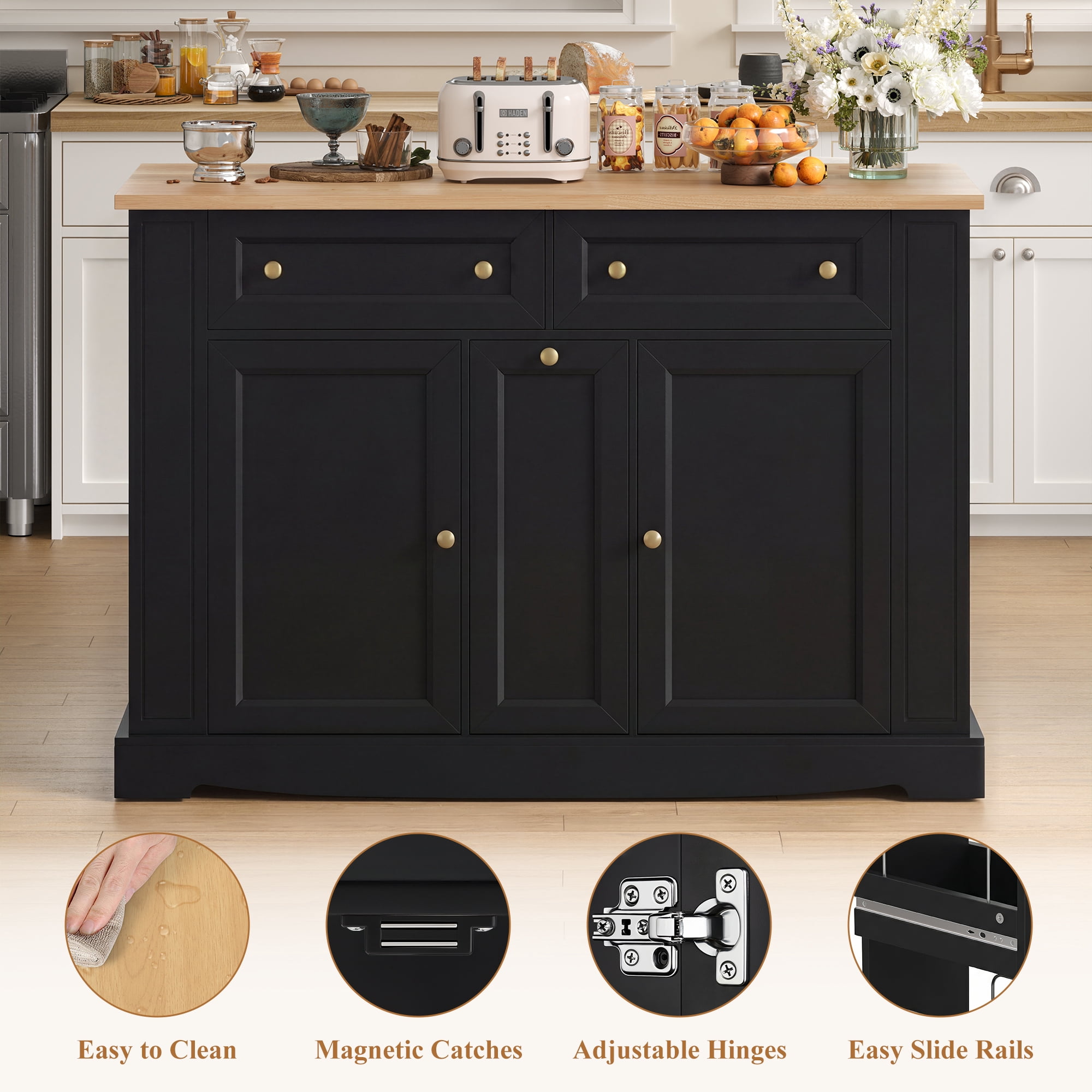 Homfa Mobile Kitchen Island with Rubberwood Countertop, 3 Drawer 2 Door Kitchen Cart with Drop Leaf and Casters for Kitchen Dining Room, Black