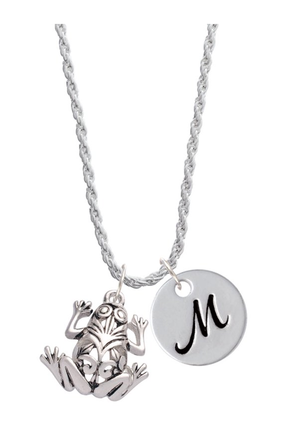 Silvertone Large Filigree Frog Silvertone Script Initial Disc - M - Charm Necklace, 20"+3"