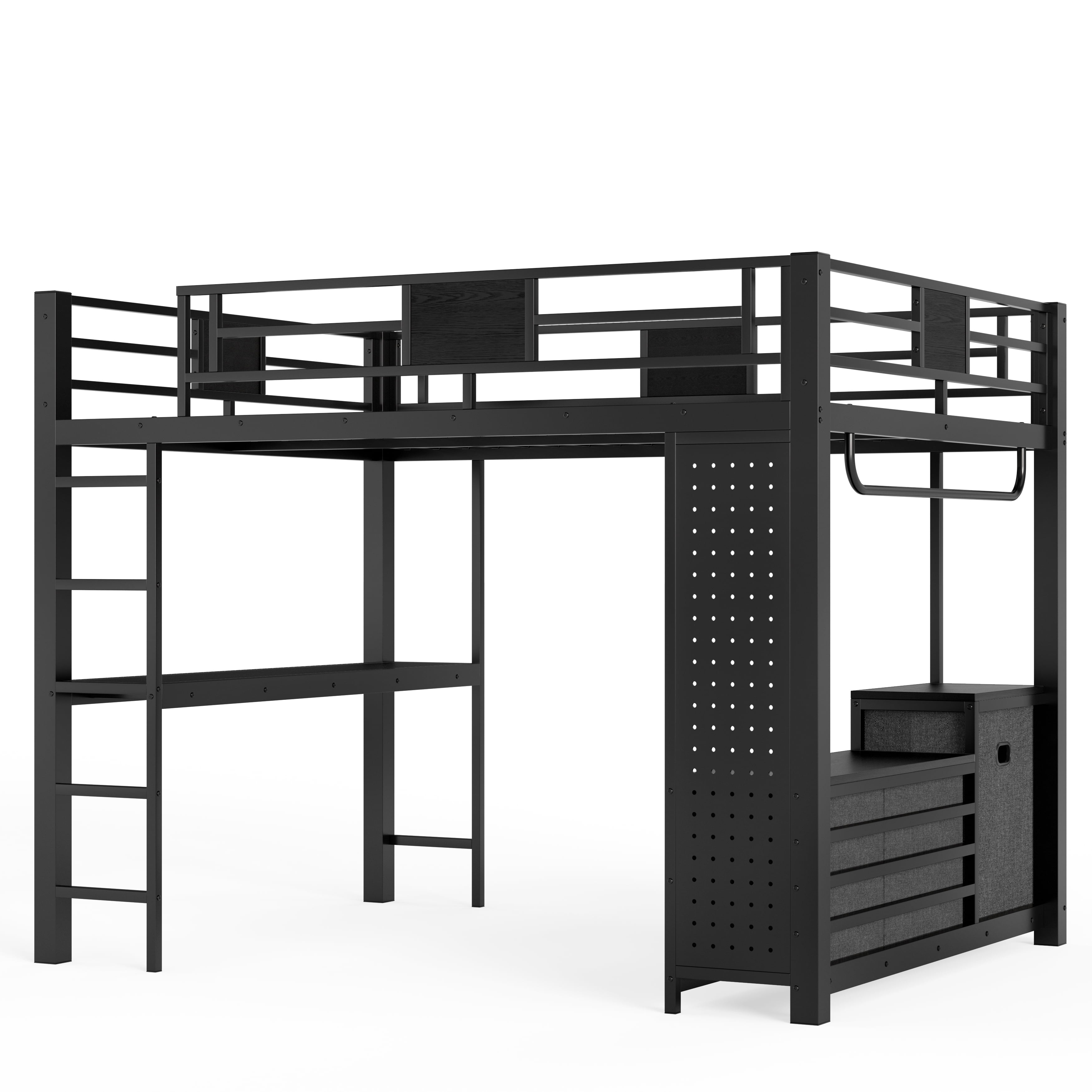 Queen Size Loft Bed with Desk & Storage Shelves, Metal Loft Bed Frame with Clothesline Pole & Pegboard, Space-Saving Adult Loft for Dorms, Apartment, Black