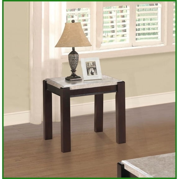 Contemporary 1pc End Table - Genuine Marble Top & Dark Cherry Wood Frame, Living Room Furniture