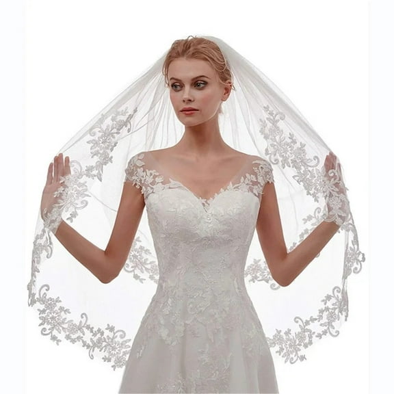 Elegant 2-Tier Wedding Bridal Veil with Flower Applique Edge - Fingertip Length Tulle Veil with Comb for Brides