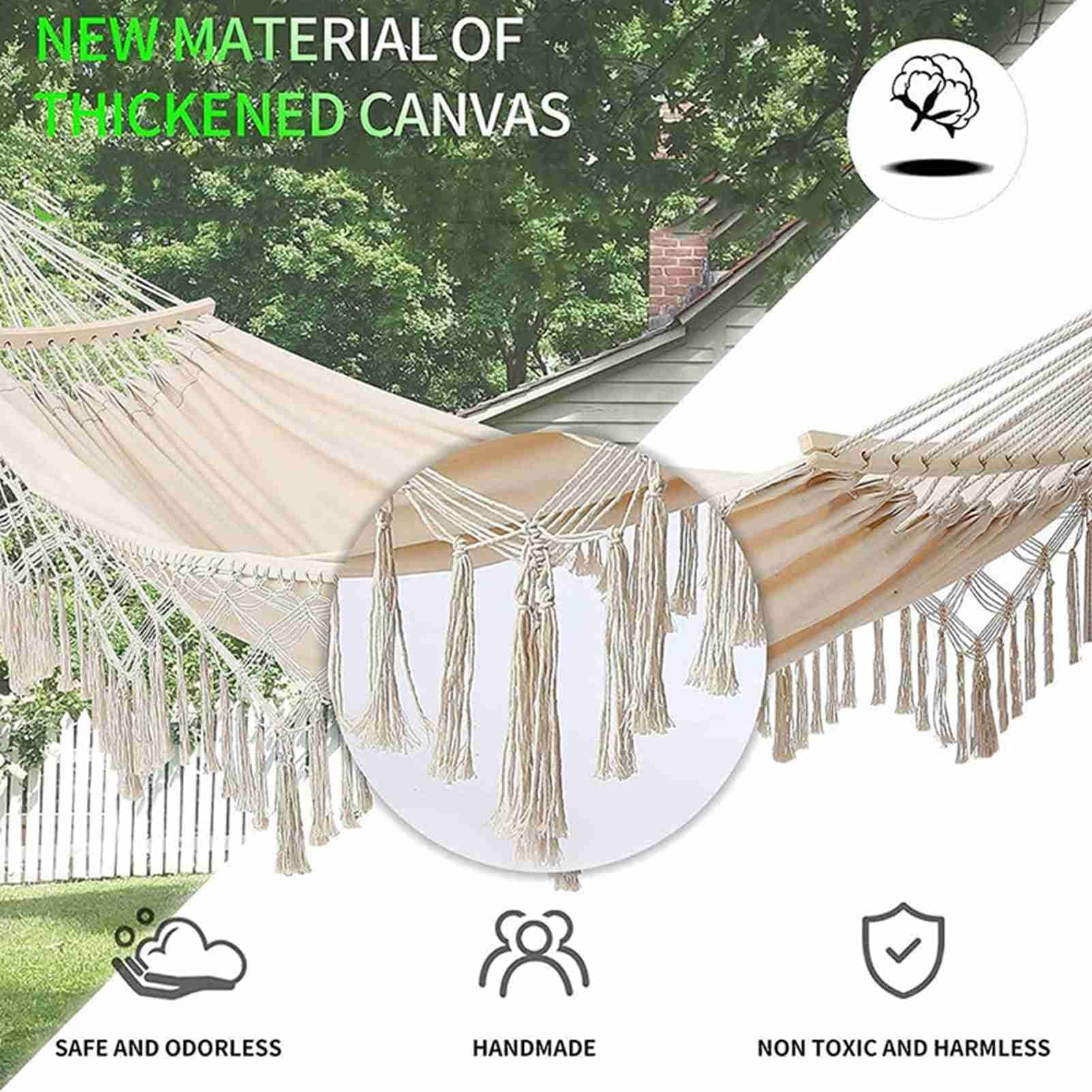 YAHHU Double Macrame Hammock 2 Person Canvas Swing Bed with Anti-Rollover Wooden Pole Tassels for Indoor Outdoor Patio Beach Yard Camping White (59x78.7 inches / 150x200 cm)