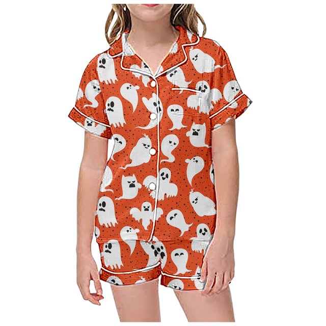 WEAIXIMIUNG Ensemble de Pyjama pour Enfants à Col Boutonné Imprimé, Haut à Manches Courtes et Short, 8-9 Ans