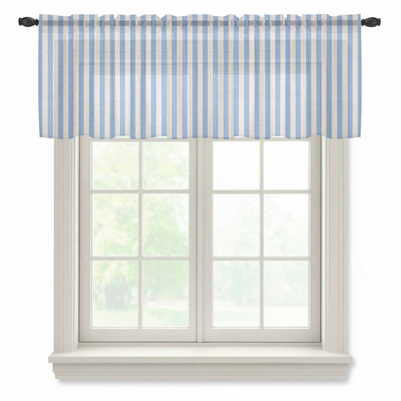 Blue Striped Valance Curtains for Kitchen/Living Room/Bathroom/Bedroom Window, Rod Pocket Small Topper Half Short Window Curtains Voile Sheer Scarf, Modern Simple Farmhouse Beige Vintage 42"x12"